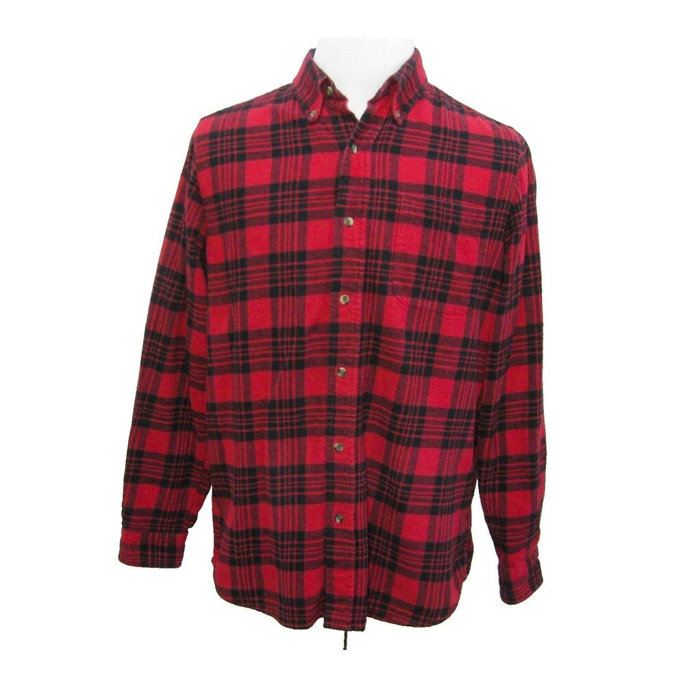 NorthCrest Flannel Shirt Mens Large Red Buffalo Plaid Button Front 100% Cotton
